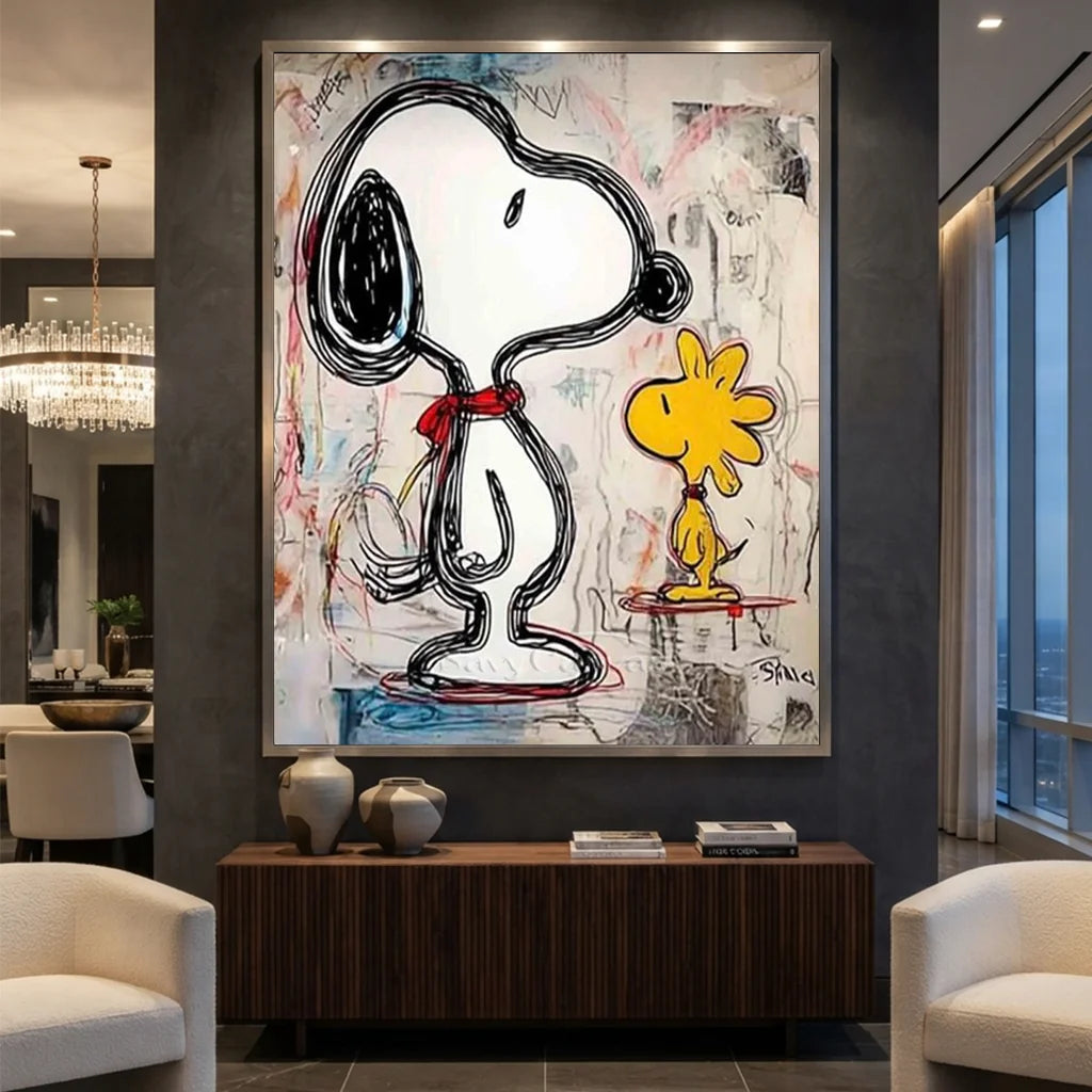 Line Art Snoopy Oil Painting, Abstract Cartoon Canvas #SS 379