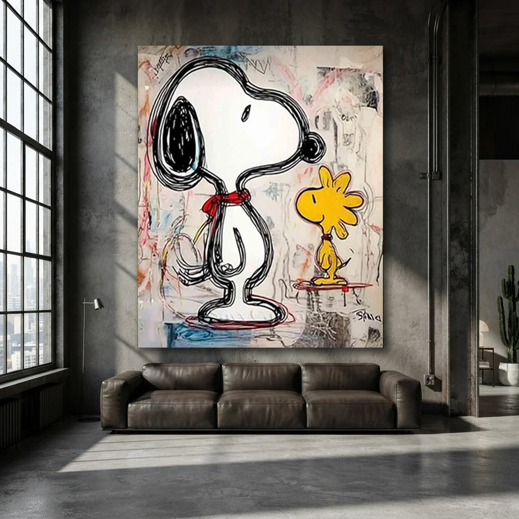 Line Art Snoopy Oil Painting, Abstract Cartoon Canvas #SS 379