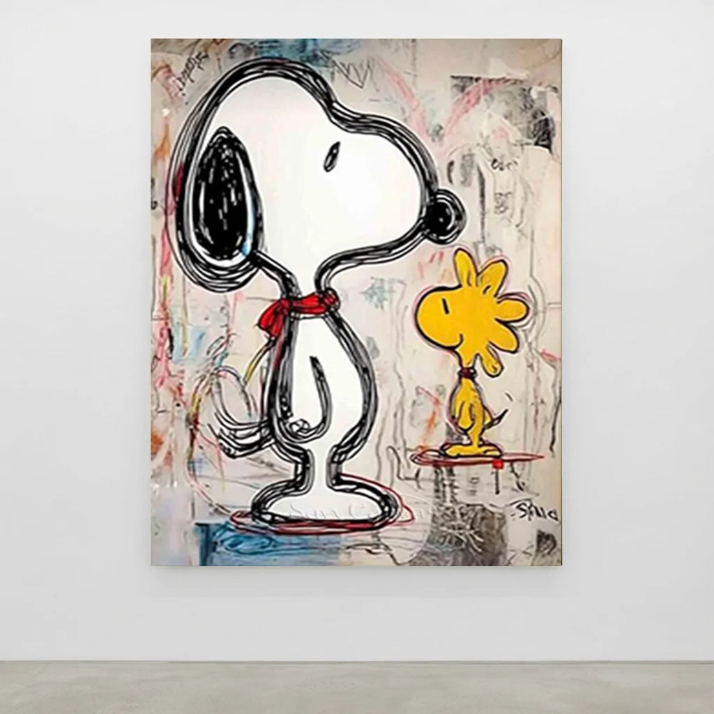 Line Art Snoopy Oil Painting, Abstract Cartoon Canvas #SS 379