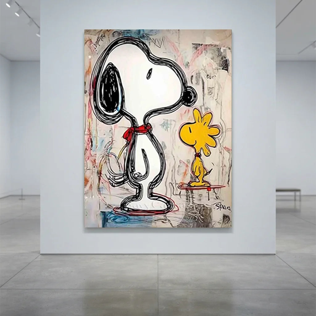 Line Art Snoopy Oil Painting, Abstract Cartoon Canvas #SS 379