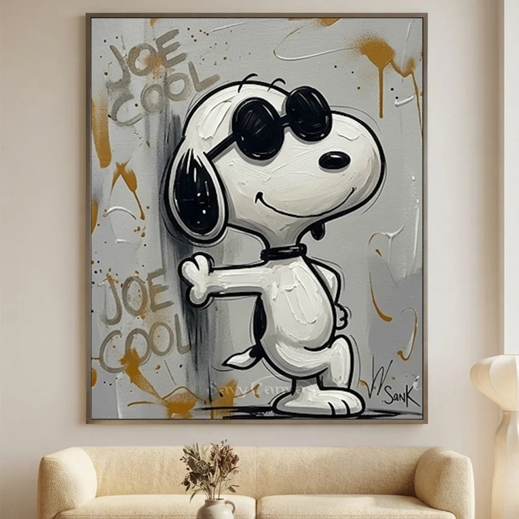 Hand-painted pop art Snoopy oil painting featuring Joe Cool in sunglasses with graffiti elements for modern living room and office wall decor