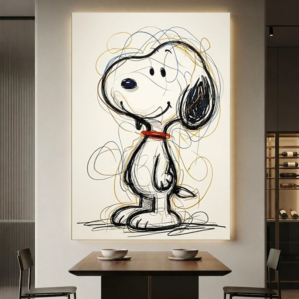Hand-painted Modernism style Snoopy oil painting with abstract line work and a red collar in a black frame for modern living room wall decor.