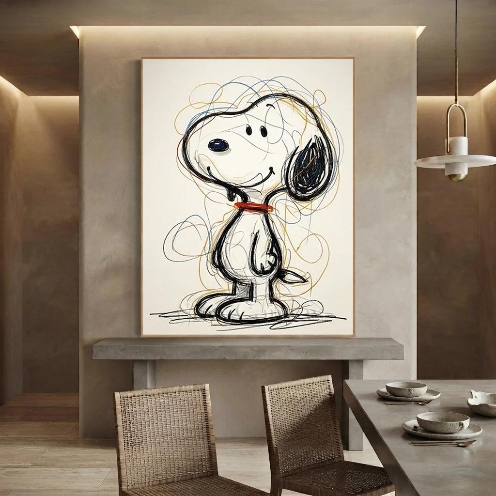 Snoopy Oil Painting | Line Art Cartoon Canvas #SS 381