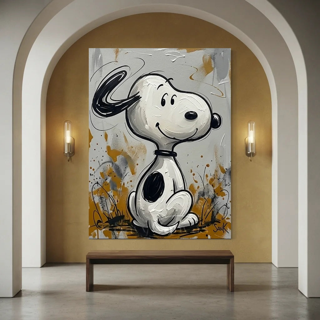 Hand-painted Minimalism style Snoopy oil painting with textured abstract background and black frame for modern living room wall decor.