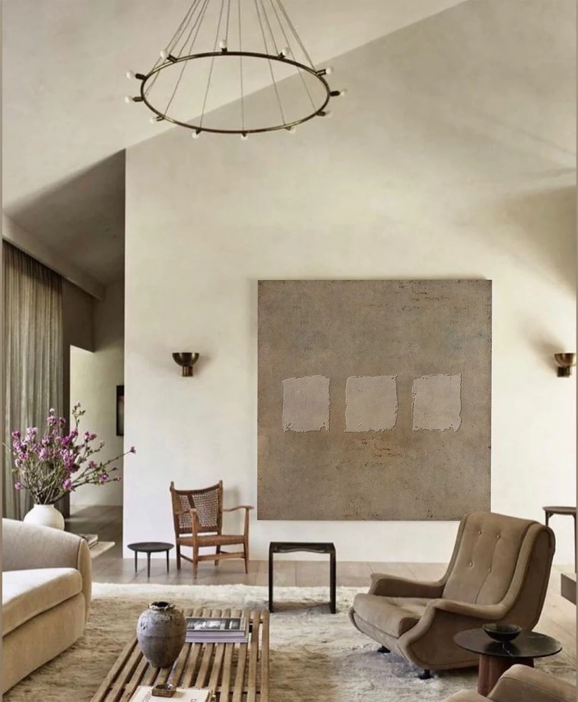 Calm Beige Abstract Oil Art - Textured Three Sections #JJ 014