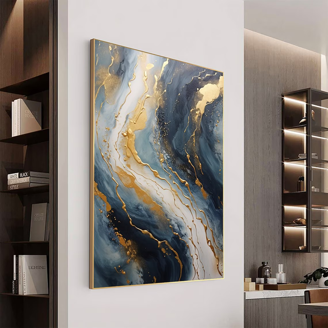 Navy Blue and Gold  Abstract Textured Wall Painting | Large Wall Decor #TC 074