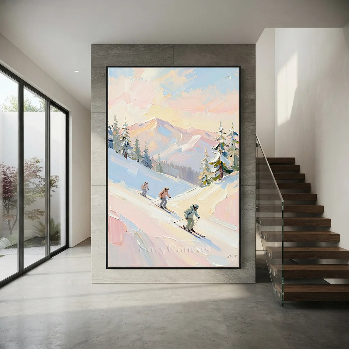 pink-skiing-painting-for-modern-staircase-decor-09.webp
