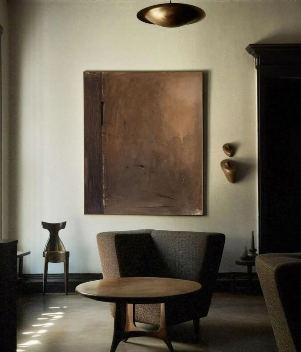 Minimalist Brown Abstract Oil Painting with Vertical Black Line Wall Art #TC 039