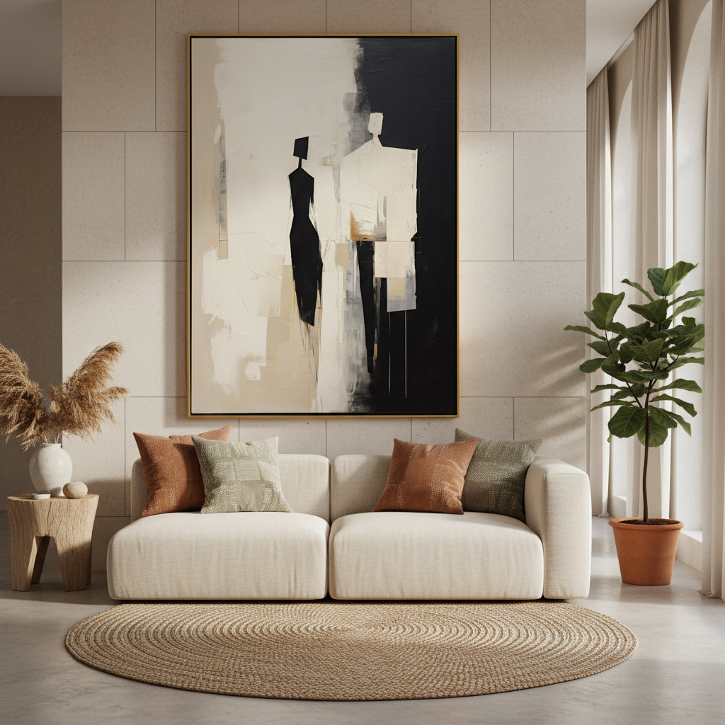 Abstract Couple Silhouette Wall Art - Minimalist Black & Beige Canvas #CC 007