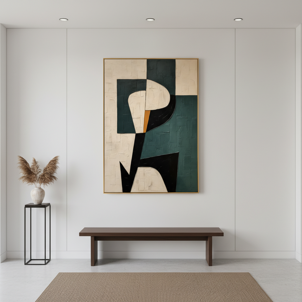 Modern Geometric Abstract Canvas - Textured Teal & Black Wall Art #CC 006