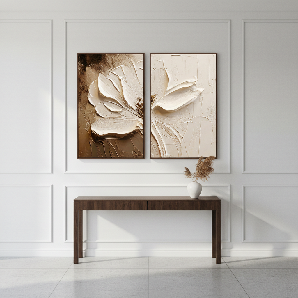 Neutral Boho Textured Floral Art | Hand-Painted White Flower Diptych #ZZ 272