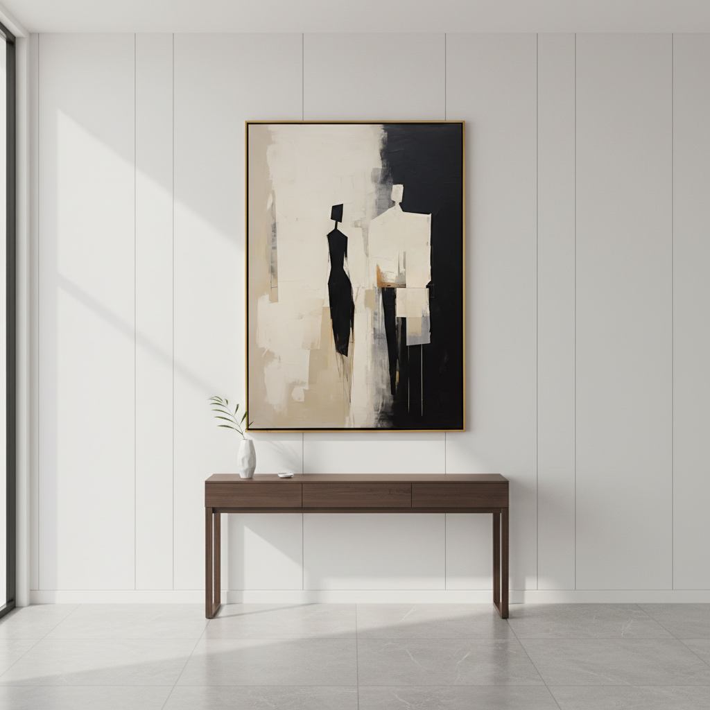 Abstract Couple Silhouette Wall Art - Minimalist Black & Beige Canvas #CC 007