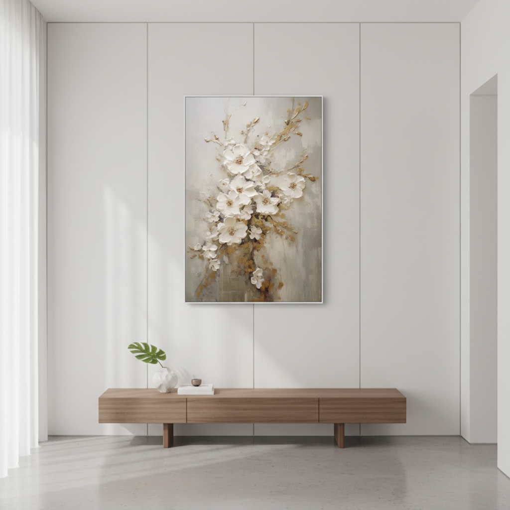 Large Gold and White Textured Floral Wall Art #CC 001