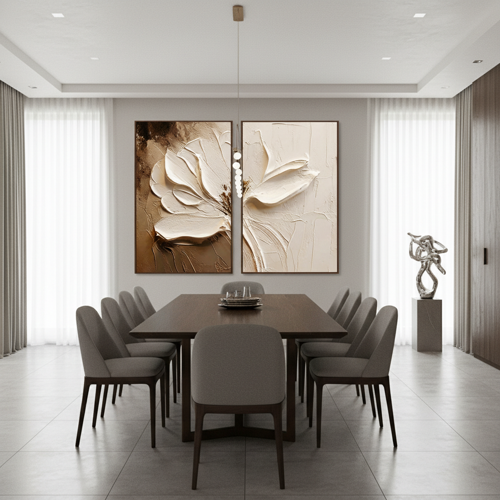 Neutral Boho Textured Floral Art | Hand-Painted White Flower Diptych #ZZ 272