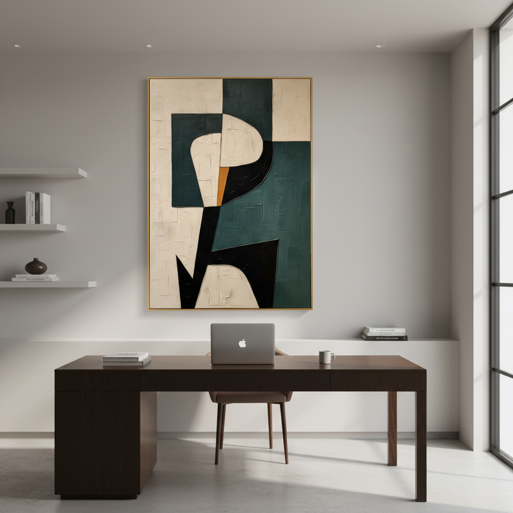 Modern Geometric Abstract Canvas - Textured Teal & Black Wall Art #CC 006