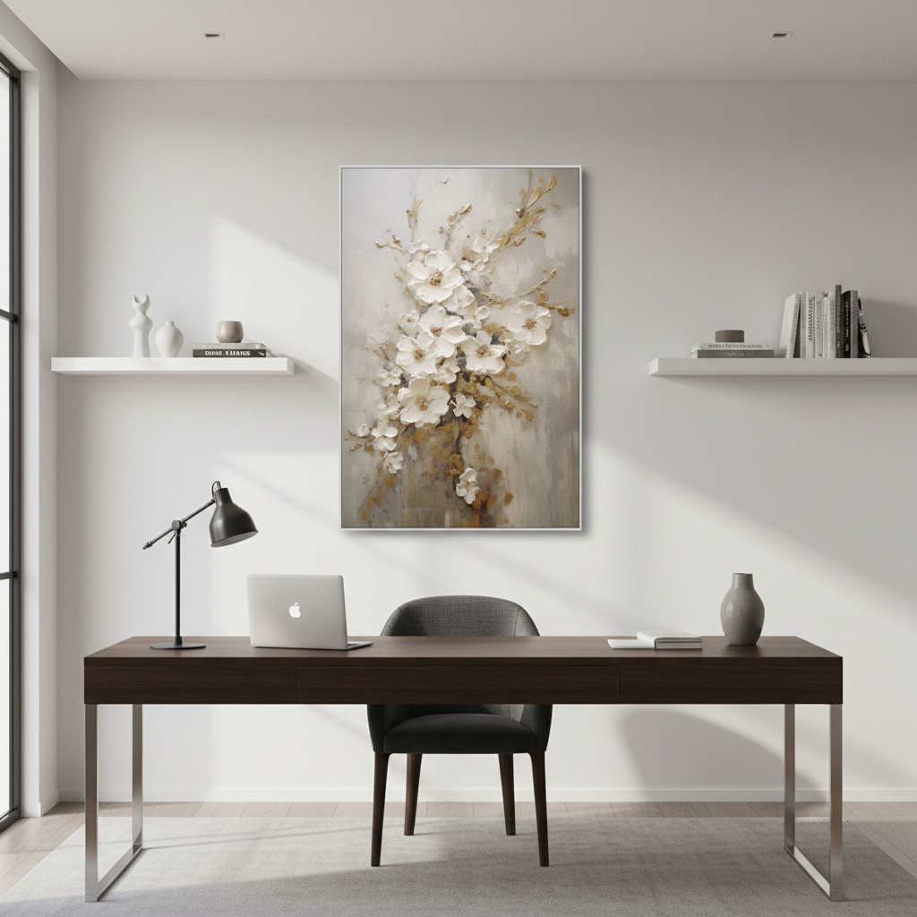 Large Gold and White Textured Floral Wall Art #CC 001