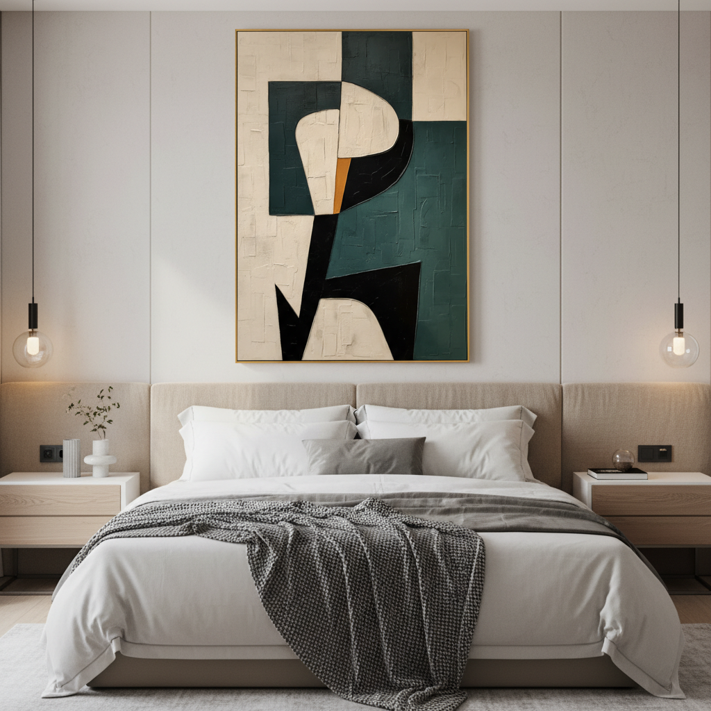 Modern Geometric Abstract Canvas - Textured Teal & Black Wall Art #CC 006