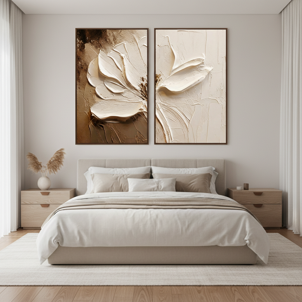 Neutral Boho Textured Floral Art | Hand-Painted White Flower Diptych #ZZ 272