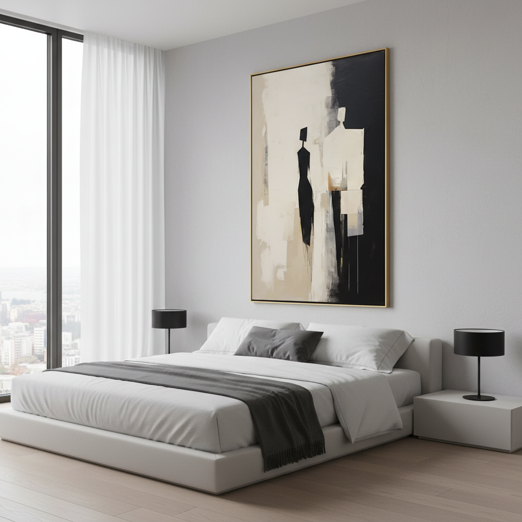 Abstract Couple Silhouette Wall Art - Minimalist Black & Beige Canvas #CC 007