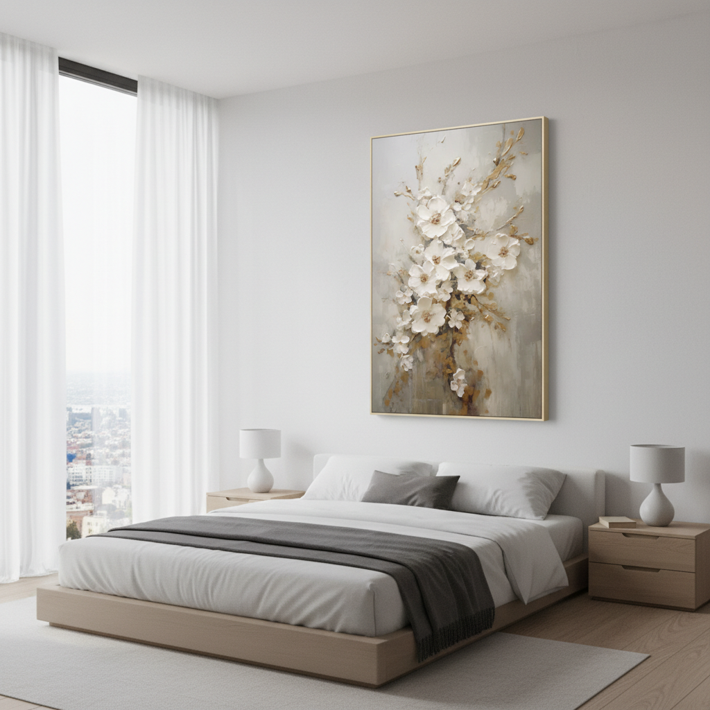 Large Gold and White Textured Floral Wall Art #CC 001