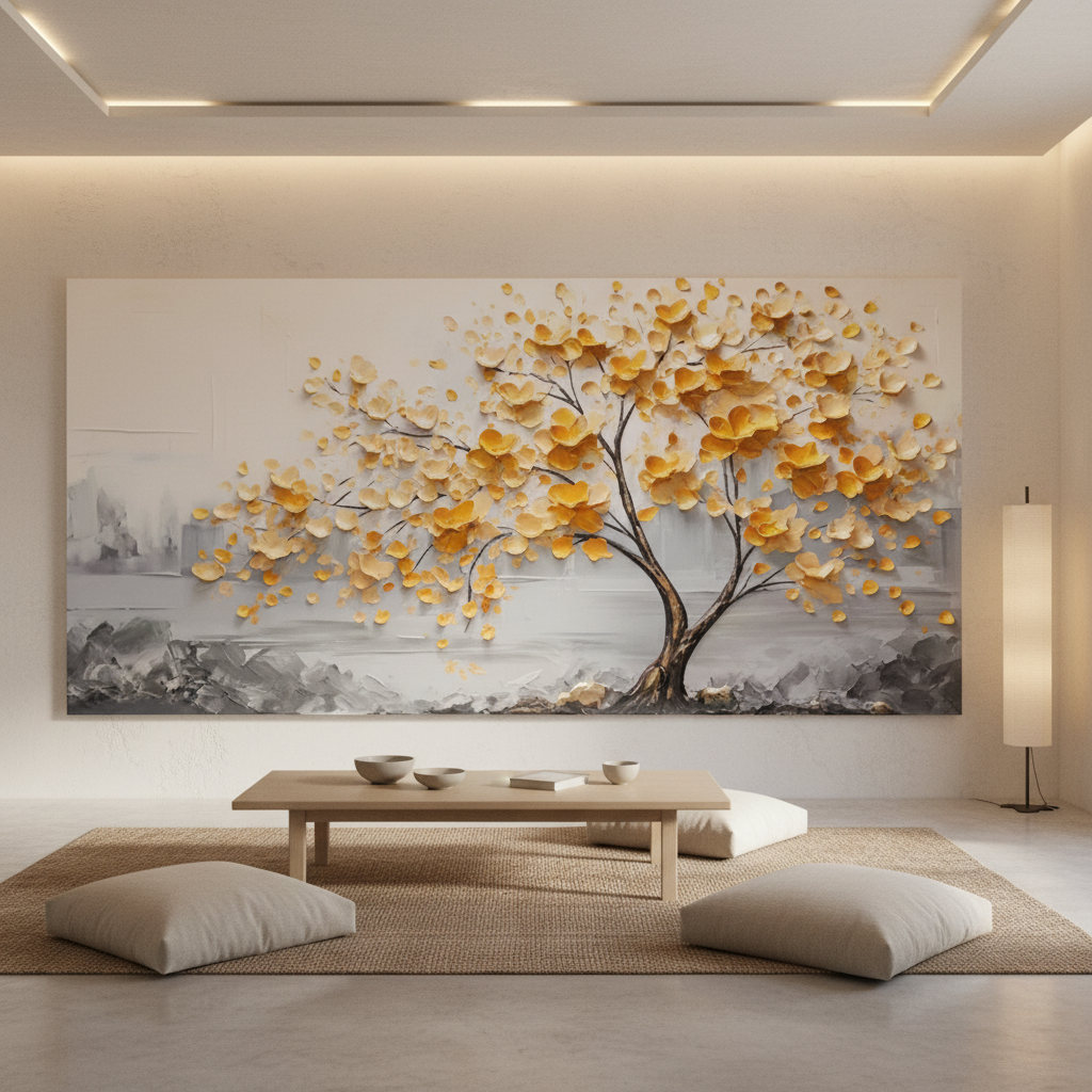 3D Textured Tree of Life Oil Painting Hand Painted Gold Floral Wall Art #AA 470