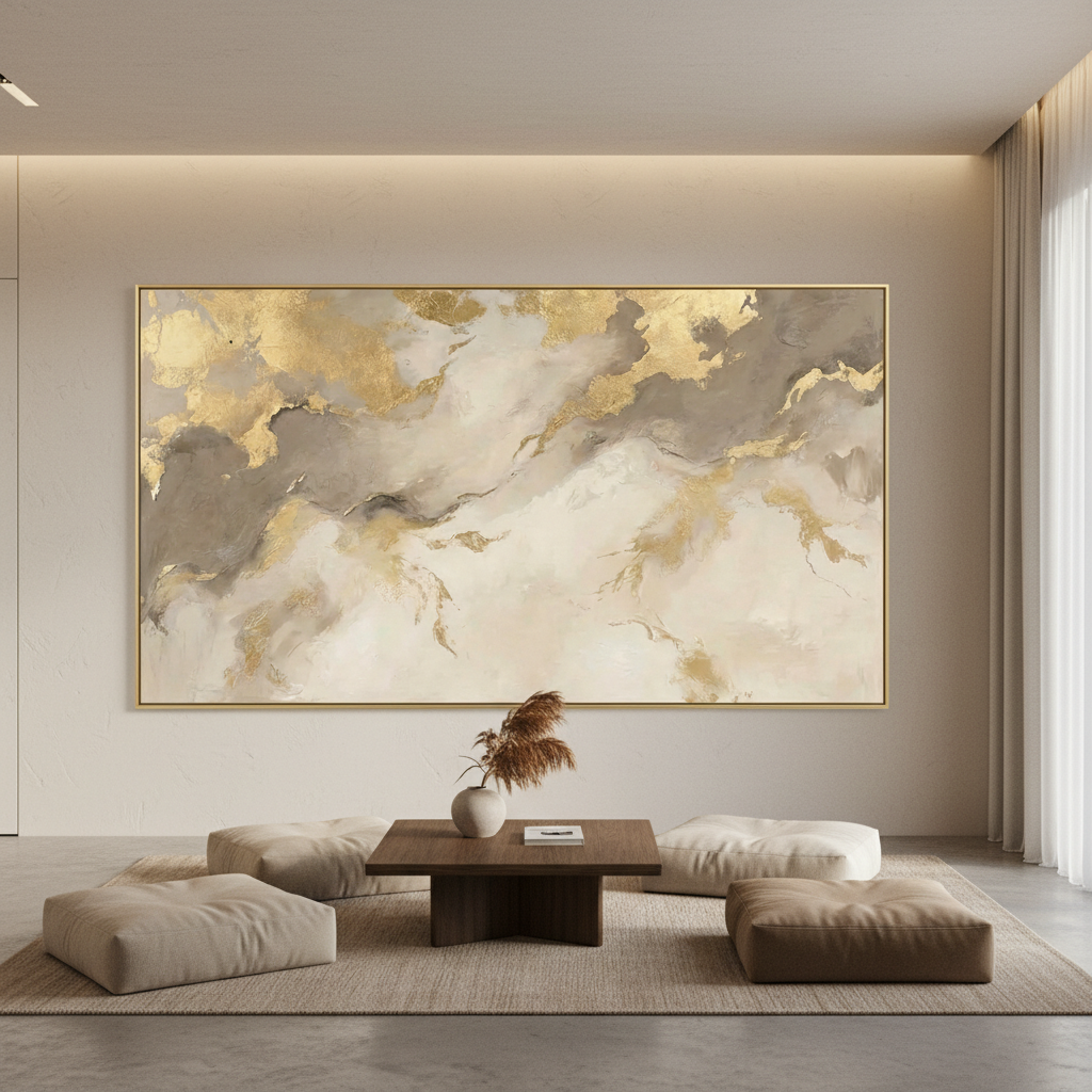 Luxury Gold Leaf Abstract Painting | Large Neutral Wall Art for Living Room