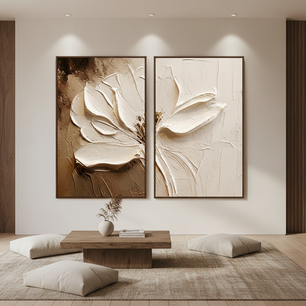 Biophilic Textured Flower Painting | Two-Panel White Botanical Wall Decor