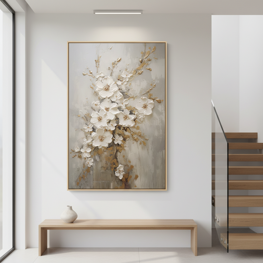 Large Gold and White Textured Floral Wall Art #CC 001
