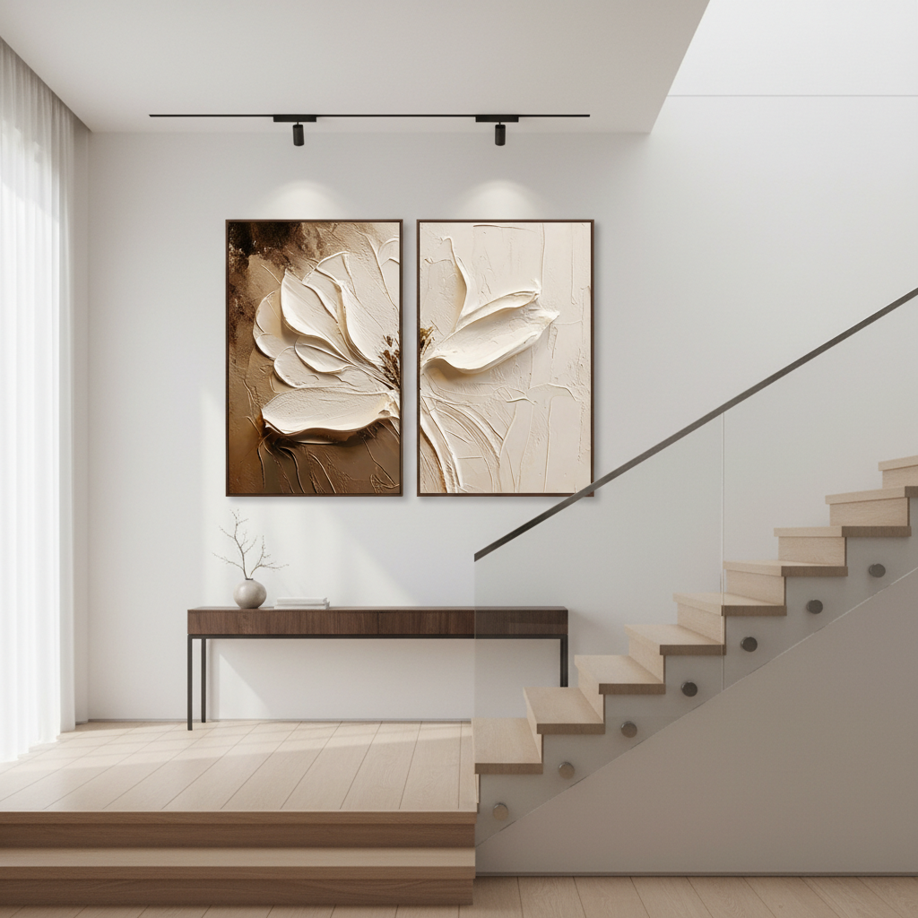 Neutral Boho Textured Floral Art | Hand-Painted White Flower Diptych #ZZ 272