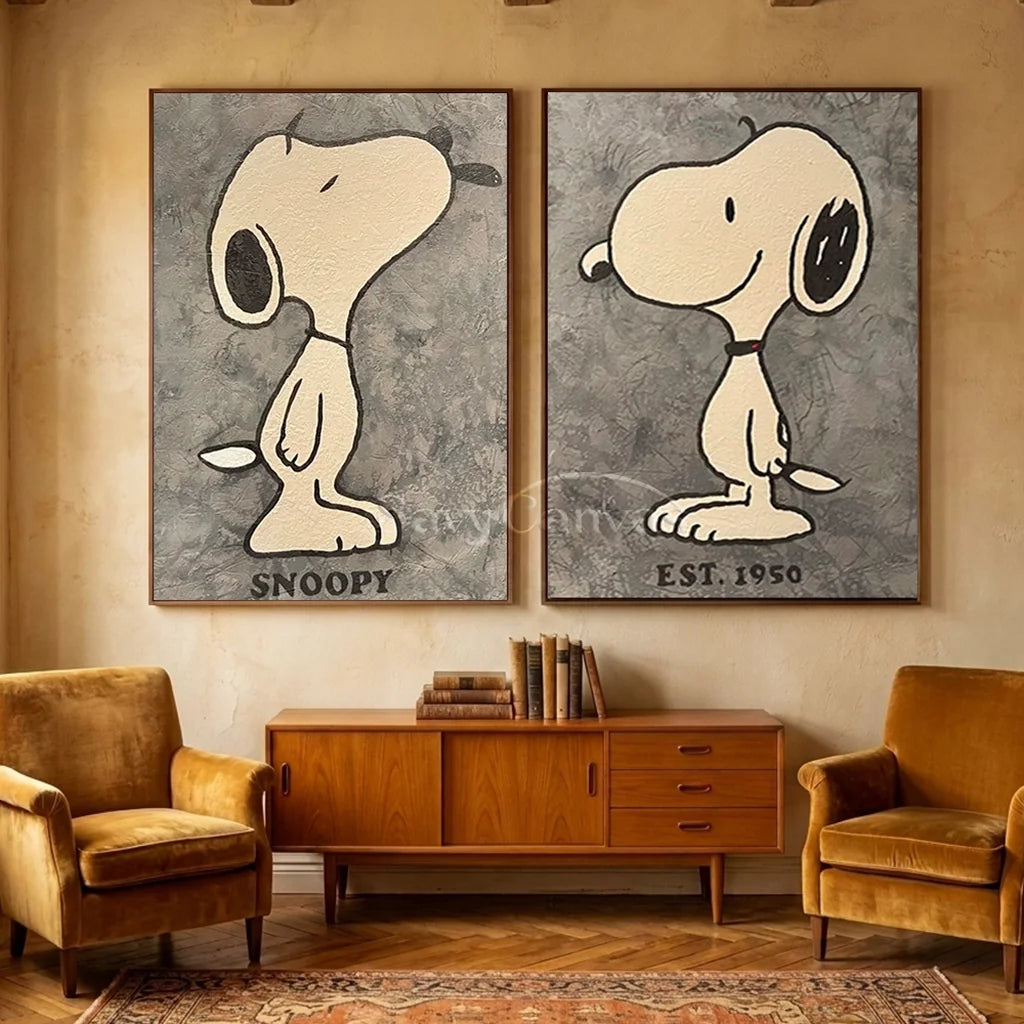 Hand-painted Pop Art oil painting diptych set featuring iconic Snoopy silhouettes with "SNOOPY" and "EST. 1950" typography against a sophisticated grey textured canvas background.