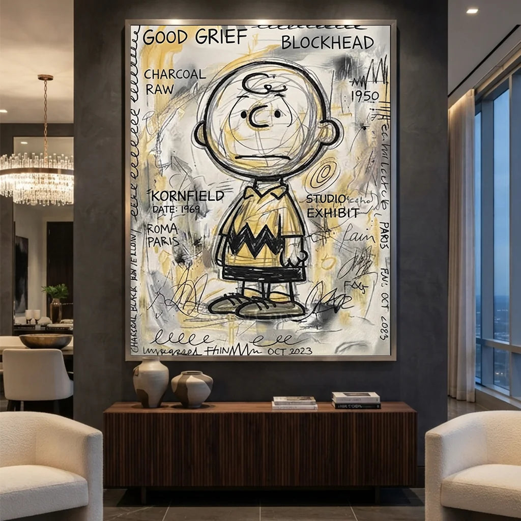 Discover our handmade Modernism Charlie Brown oil painting on textured canvas. Elevate your home with unique cartoon wall art. Shop now for free shipping!