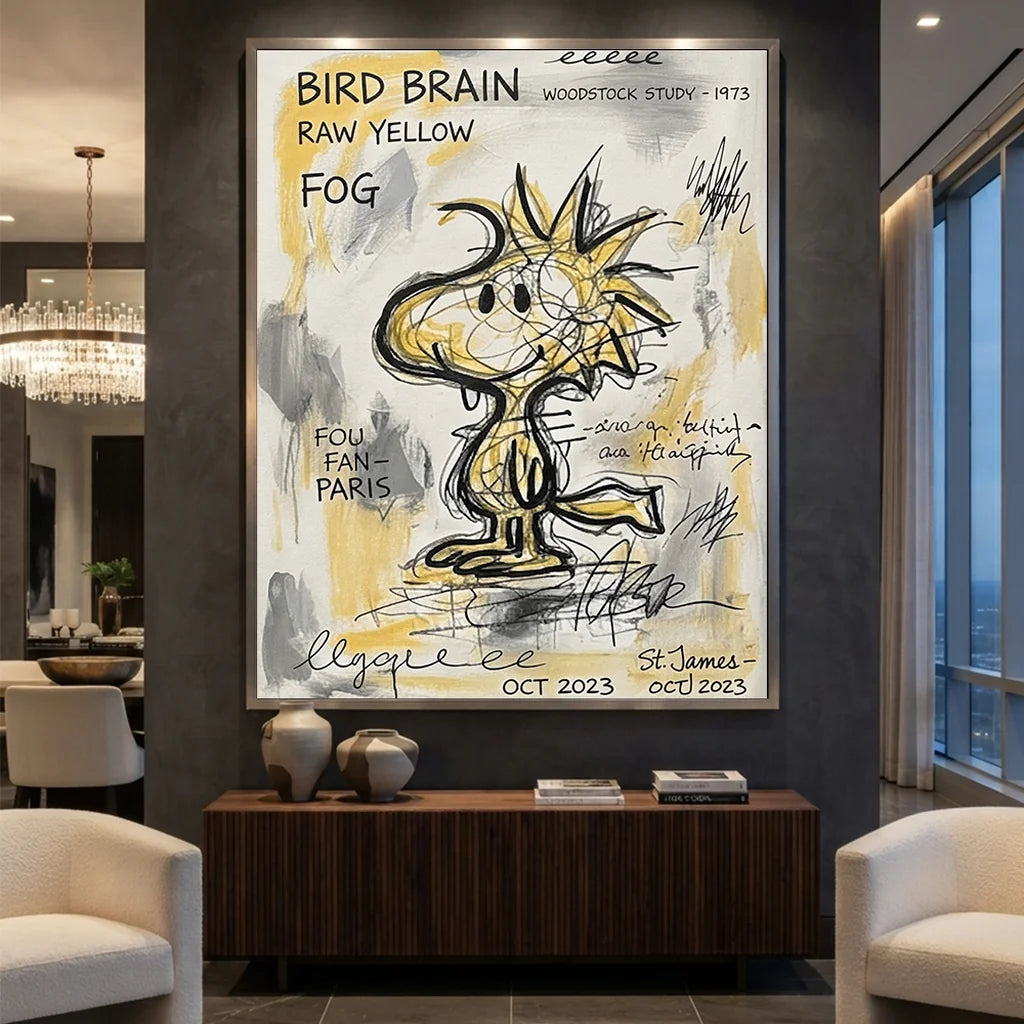 Hand-painted Modernism style Woodstock bird brain study oil painting with charcoal text and typography details for modern living room and study wall decor.