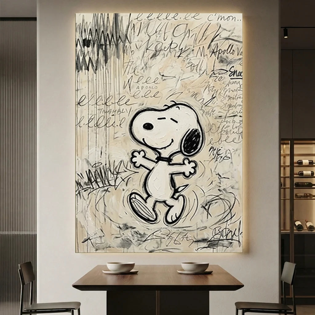 Hand-painted Modernism style dancing Snoopy oil painting with graffiti background elements for modern living room and study wall decor.