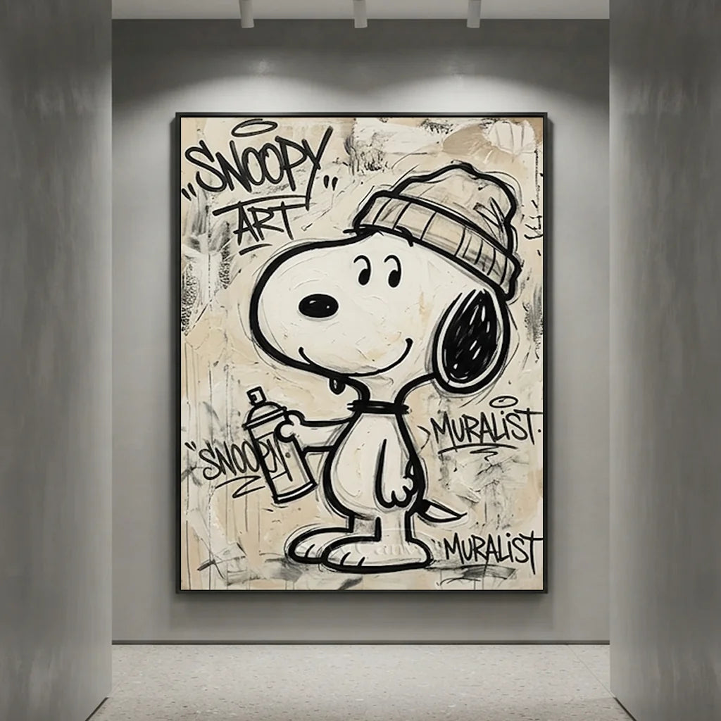 Handmade Street Art Snoopy Oil Painting - Beige Pop Art #SS 387