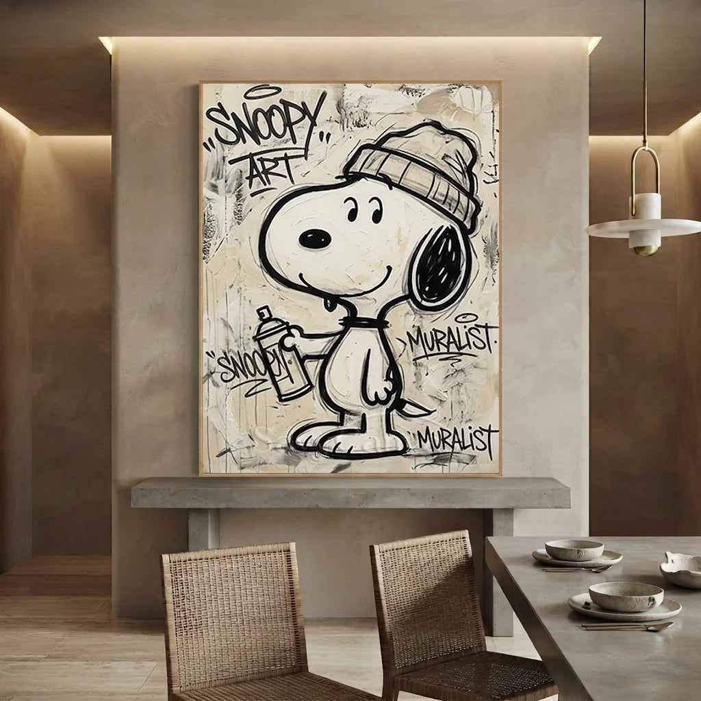 Handmade Street Art Snoopy Oil Painting - Beige Pop Art #SS 387
