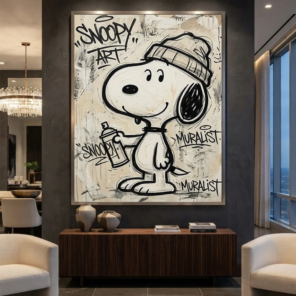 Handmade Street Art Snoopy Oil Painting - Beige Pop Art #SS 387