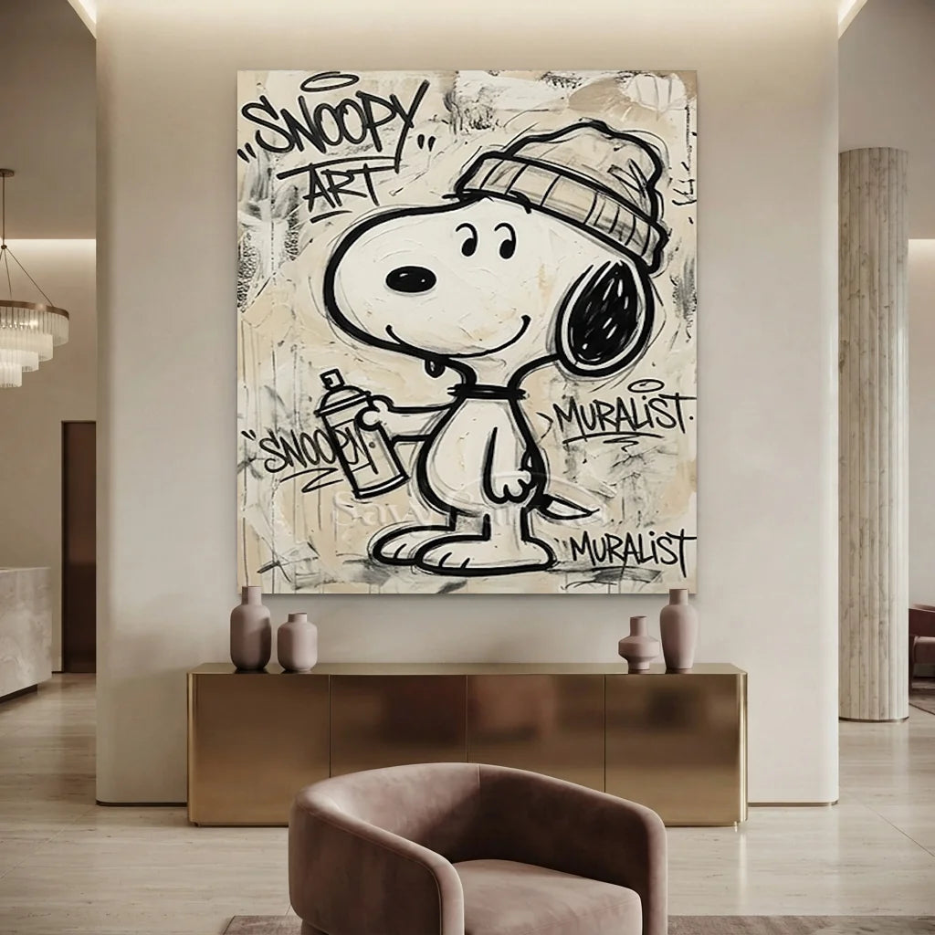 Handmade Street Art Snoopy Oil Painting - Beige Pop Art #SS 387