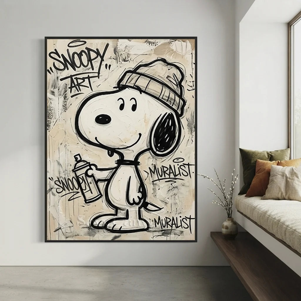 Handmade Street Art Snoopy Oil Painting - Beige Pop Art #SS 387