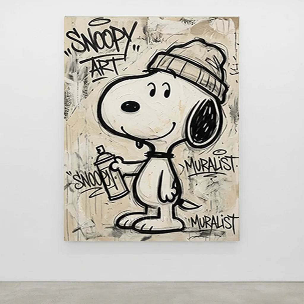 Handmade Street Art Snoopy Oil Painting - Beige Pop Art #SS 387