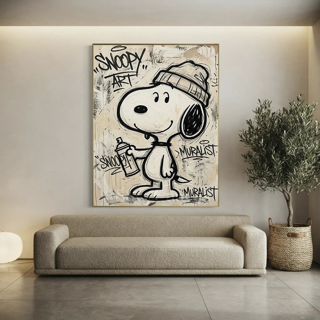 Handmade Street Art Snoopy Oil Painting - Beige Pop Art #SS 387
