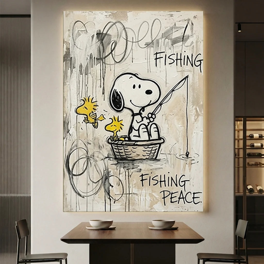 Hand-painted Pop Art oil painting of Snoopy and Woodstock fishing in a basket on a beige textured canvas with "FISHING PEACE" graffiti text.