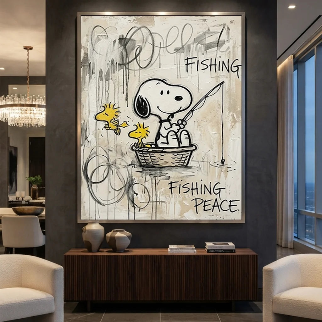 Pop Art Snoopy Fishing Handmade Canvas Painting #SS 388