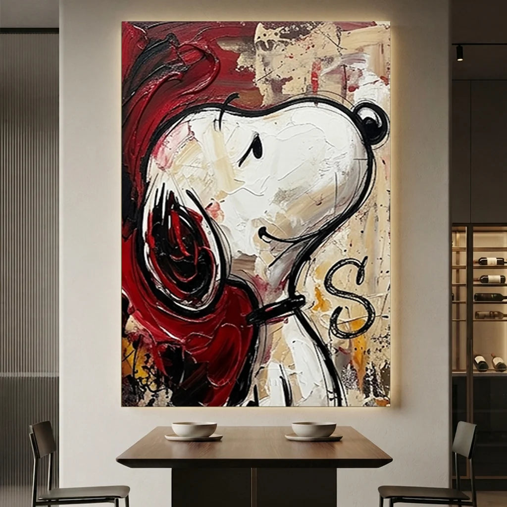 Hand-painted Expressionism oil painting of Snoopy in close-up with a bold red background, textured brushstrokes, and a black "S" signature.