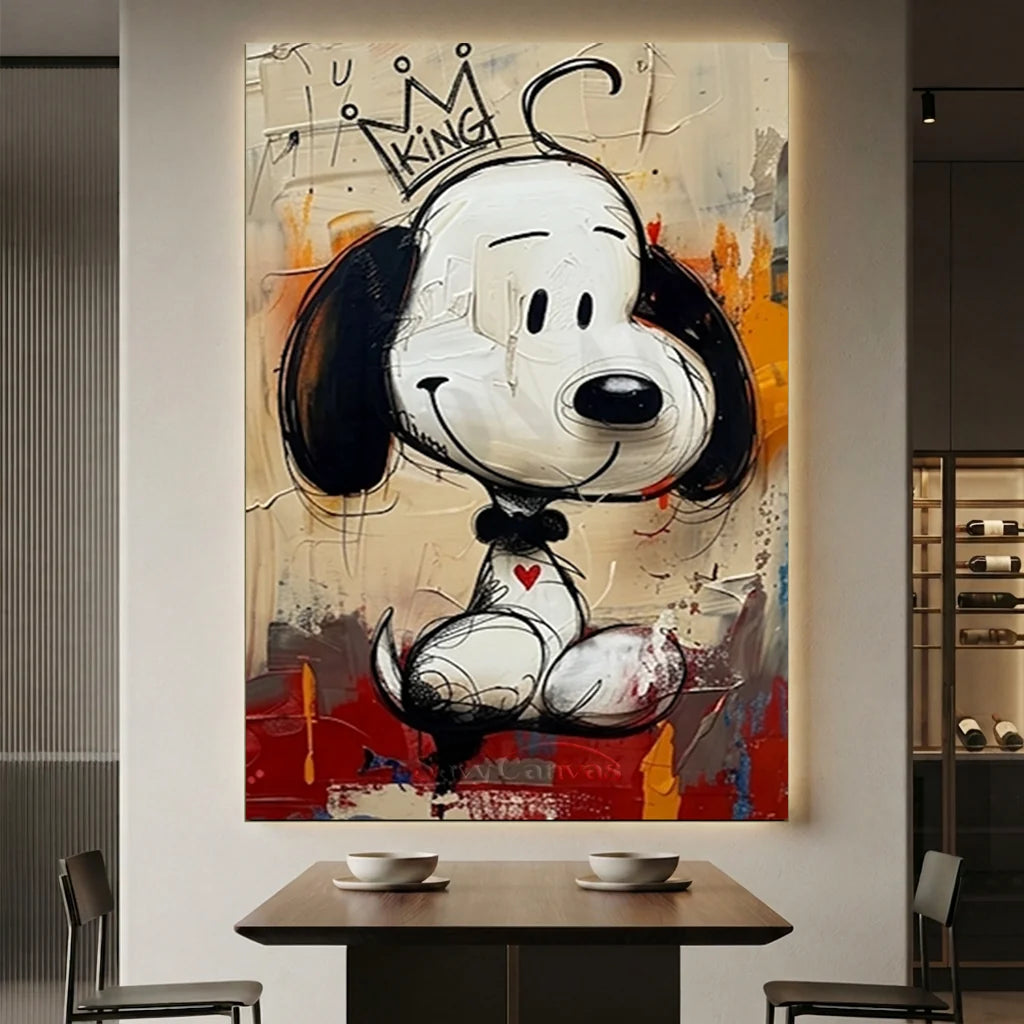 Hand-painted Pop Art oil painting of Snoopy wearing a "KING" crown with a red heart on a beige textured canvas with urban graffiti details.