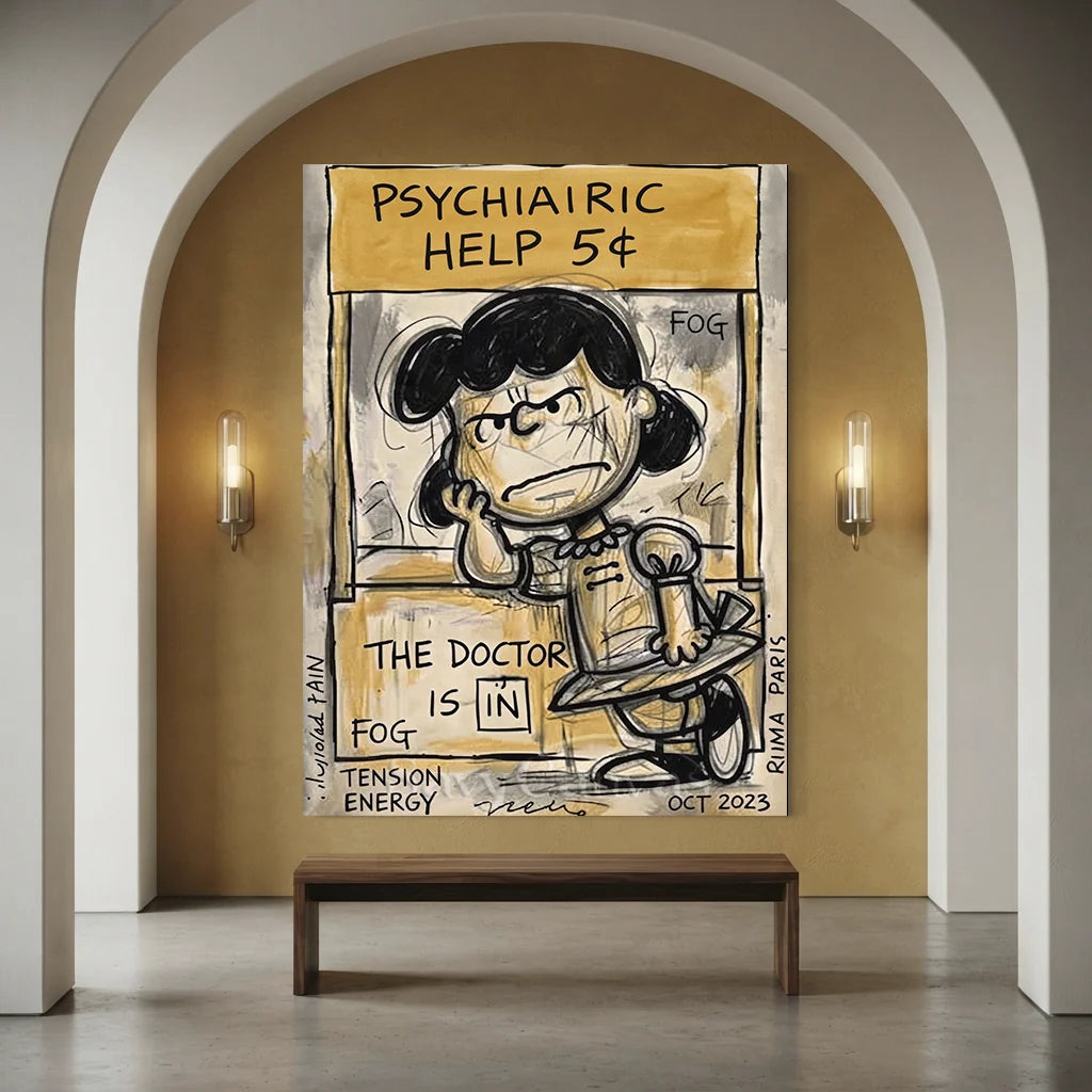 Hand-painted Pop Art oil painting of Lucy from Peanuts at her "Psychiatric Help 5¢" booth in a sketchy ink style on a textured brown canvas.   