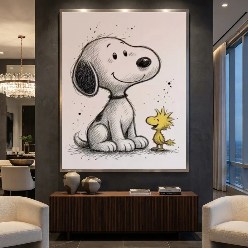 Hand-painted sketch-style oil painting of Snoopy sitting with his yellow friend Woodstock on a textured white canvas with detailed monochrome line work.