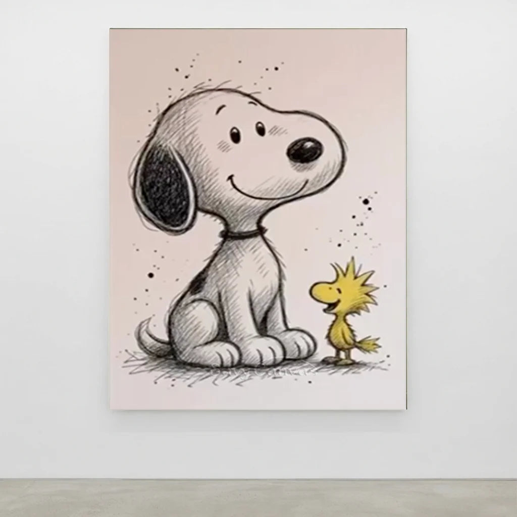 Handmade Sketch Style Snoopy & Woodstock Oil Painting #SS 392