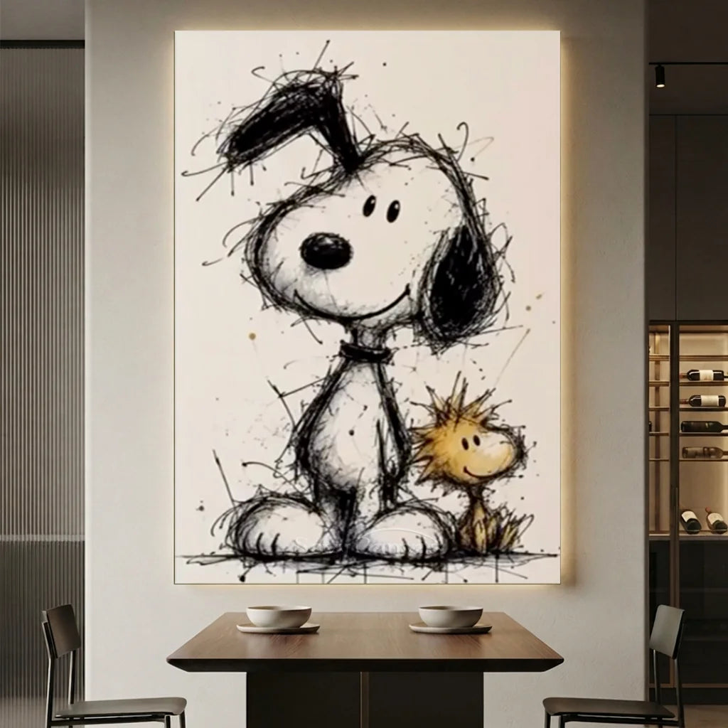 Hand-painted Pop Art oil painting of Snoopy and Woodstock in a sketchy ink style on a textured neutral canvas with playful ink splatters.