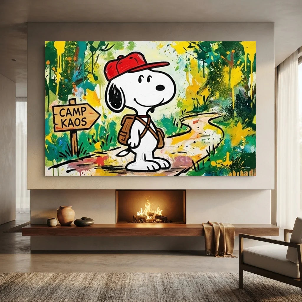 Hand-painted Pop Art oil painting of Snoopy wearing a red cap and backpack standing by a "CAMP KAOS" sign on a trail against a vibrant green and yellow textured forest background.