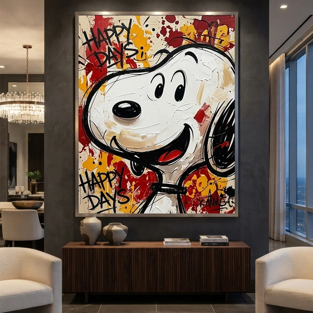 Hand-painted Pop Art oil painting of a smiling Snoopy with "HAPPY DAYS" graffiti text on a vibrant textured multi-color canvas.